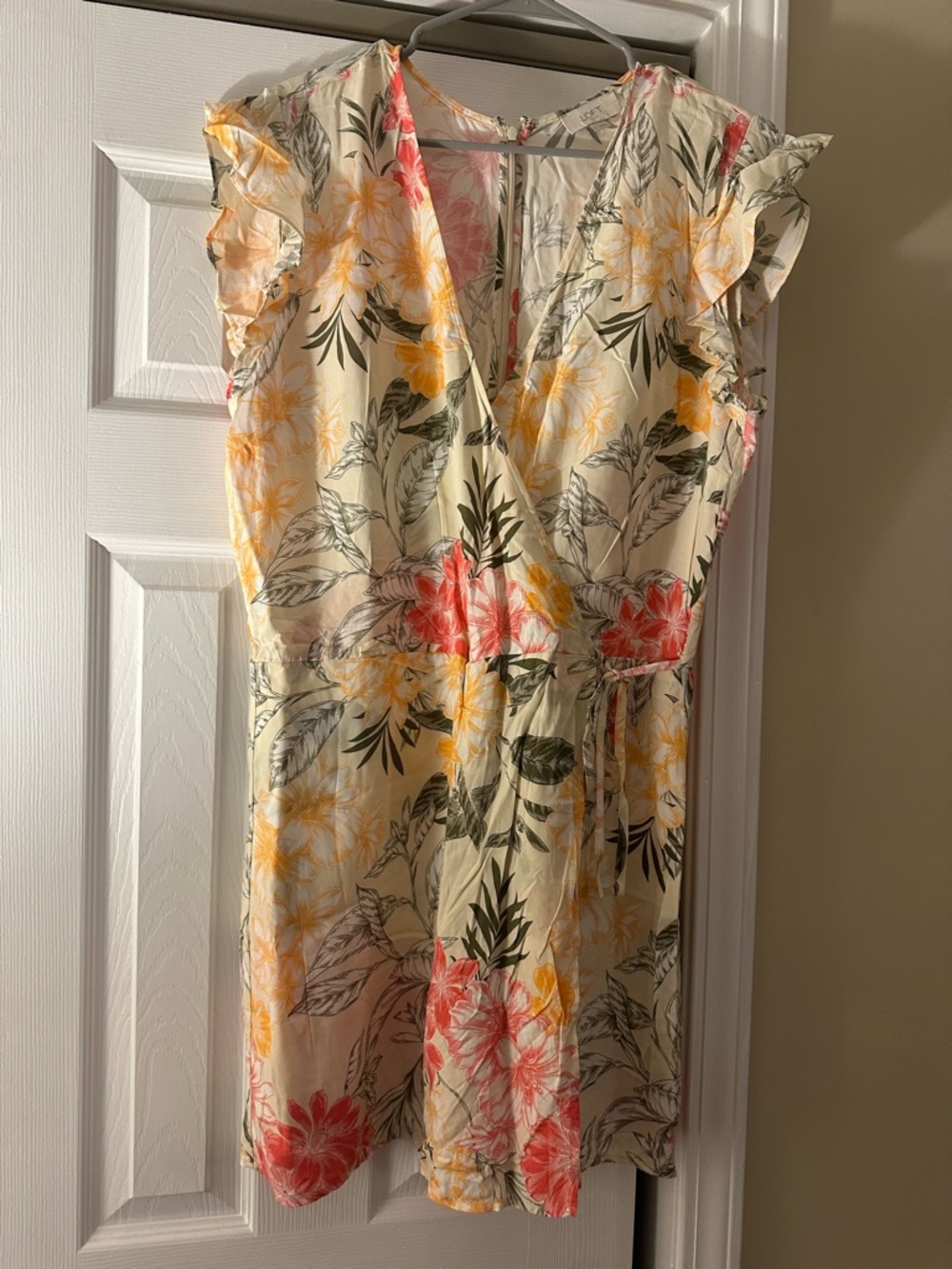 NY & Co Floral Ruffle Sleeve Wrap Romper in Cream, Yellow & Coral